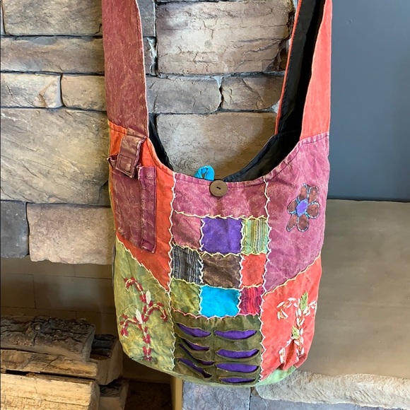 Nepal Hippie Satchel | Large Vibrant Stitched Patch Purse | Bucket Bag Colorful - Picture 6 of 8